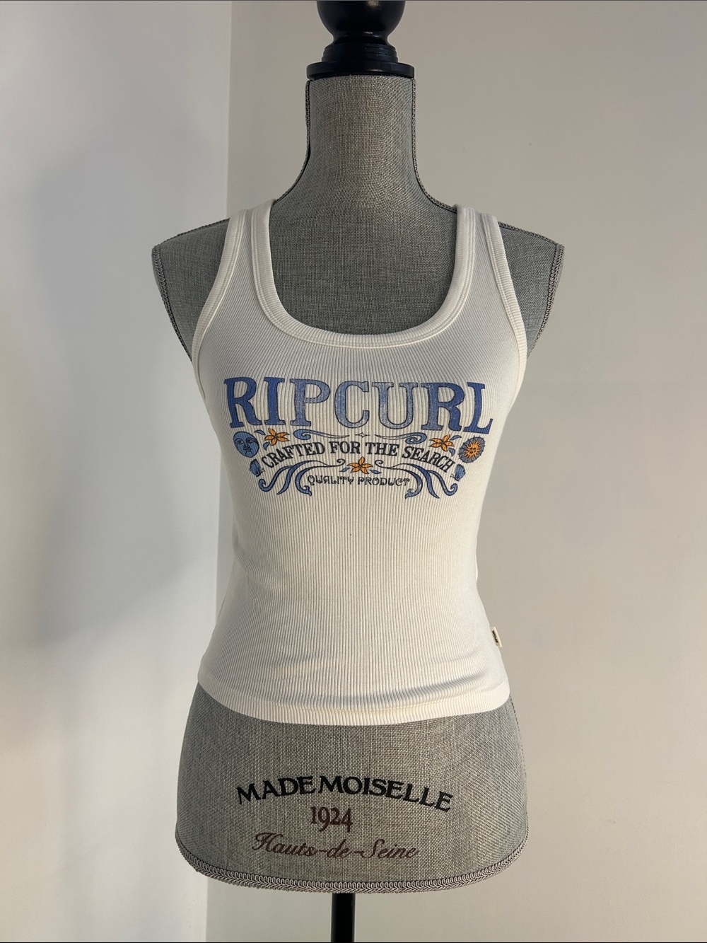 Rip Curl White Ribbed Tank with Blue Floral Logo
